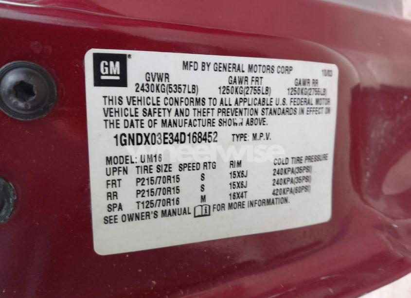 Photo 9 of 2004 Chevrolet Venture LS (VIN 1GNDX03E34D168452)