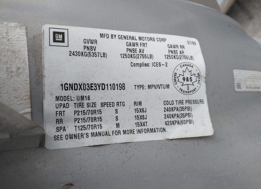 Photo 9 of 2000 Chevrolet Venture LS/LT (VIN 1GNDX03E3YD110198)