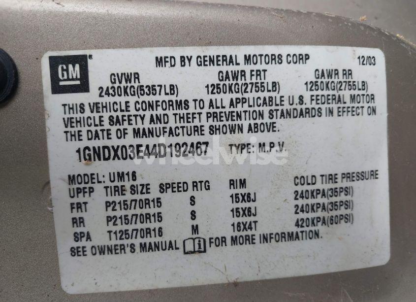 Photo 9 of 2004 Chevrolet Venture LS (VIN 1GNDX03E44D192467)