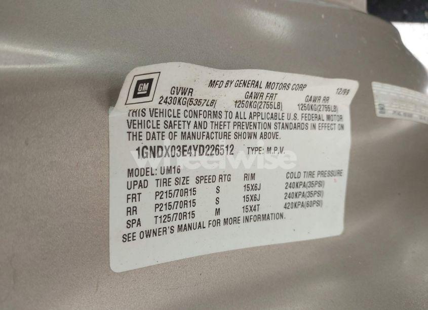 Photo 9 of 2000 Chevrolet Venture LS (VIN 1GNDX03E4YD226512)