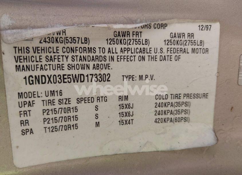 Photo 9 of 1998 Chevrolet Venture (VIN 1GNDX03E5WD173302)