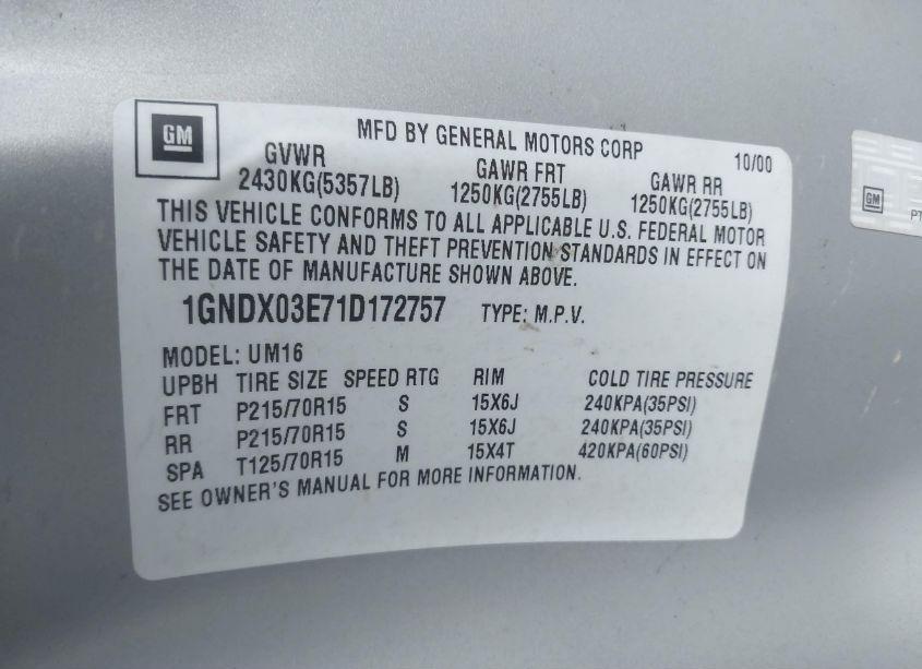 Photo 9 of 2001 Chevrolet Venture LS (VIN 1GNDX03E71D172757)