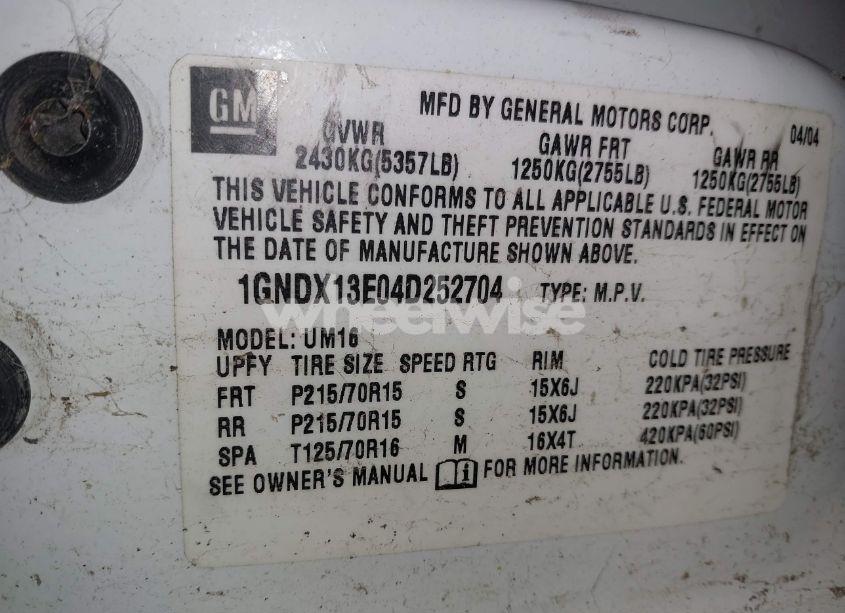 Photo 9 of 2004 Chevrolet Venture LT (VIN 1GNDX13E04D252704)