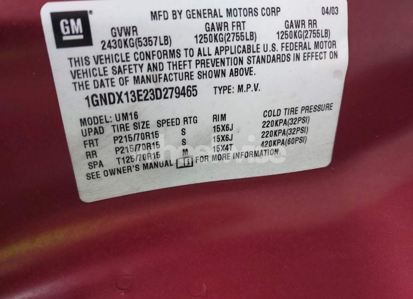 Photo 9 of 2003 Chevrolet Venture LT W/1SG (VIN 1GNDX13E23D279465)