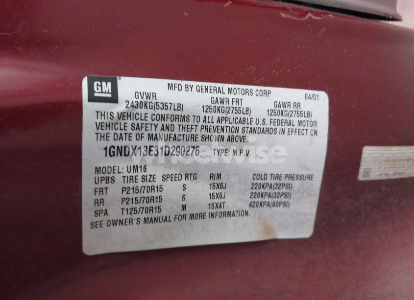 Photo 9 of 2001 Chevrolet Venture WARNER BROS. W/ABF SEATS (VIN 1GNDX13E31D290276)