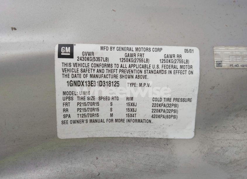 Photo 9 of 2001 Chevrolet Venture WARNER BROS. W/ABF SEATS (VIN 1GNDX13E31D318125)