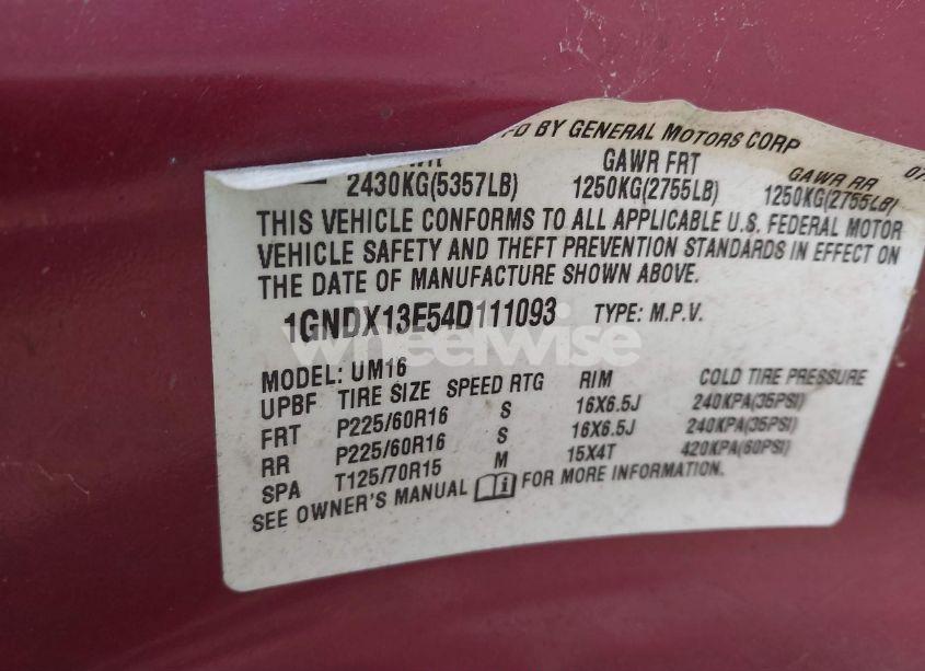 Photo 9 of 2004 Chevrolet Venture LT (VIN 1GNDX13E54D111093)
