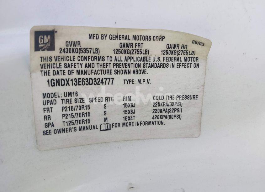 Photo 9 of 2003 Chevrolet Venture LT W/1SG (VIN 1GNDX13E63D324777)