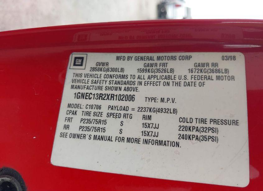 Photo 9 of 1999 Chevrolet Tahoe LS (VIN 1GNEC13R2XR102006)