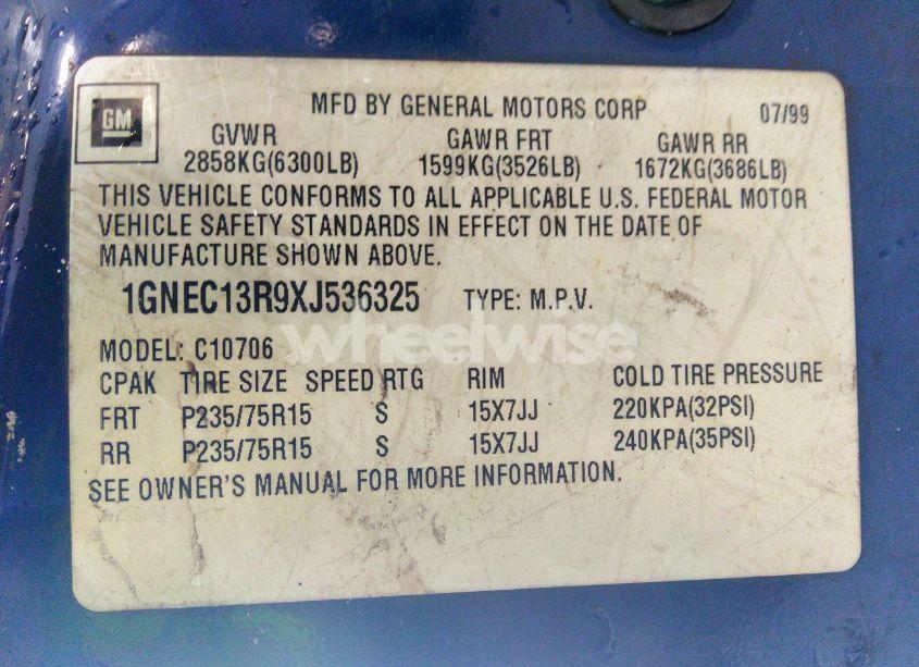 Photo 9 of 1999 Chevrolet Tahoe LIMITED (VIN 1GNEC13R9XJ536325)