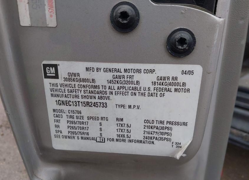 Photo 9 of 2005 Chevrolet Tahoe Z71 (VIN 1GNEC13T15R245733)