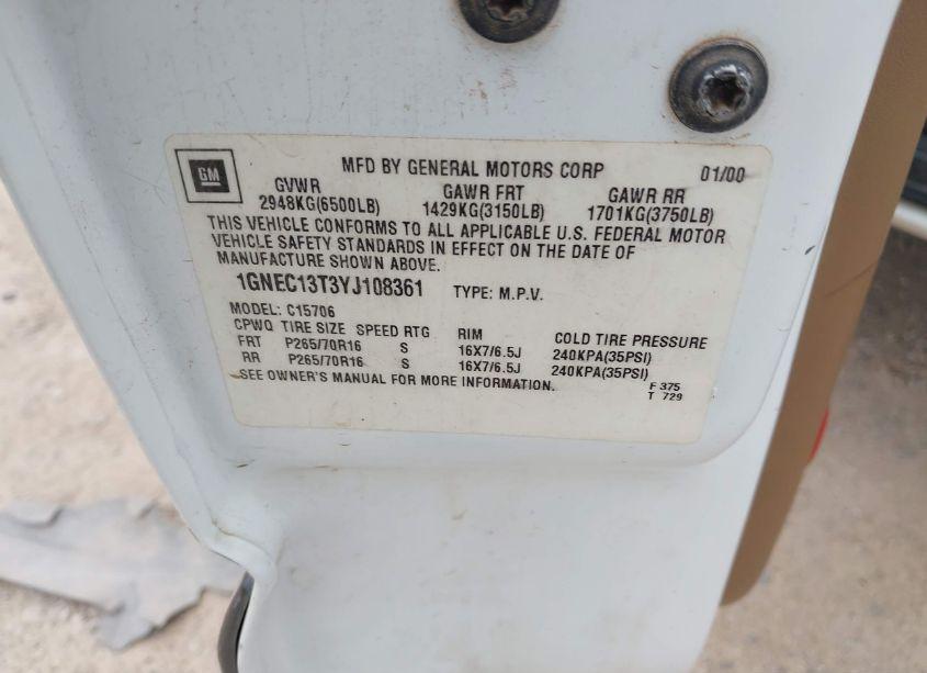 Photo 9 of 2000 Chevrolet Tahoe ALL NEW LS (VIN 1GNEC13T3YJ108361)