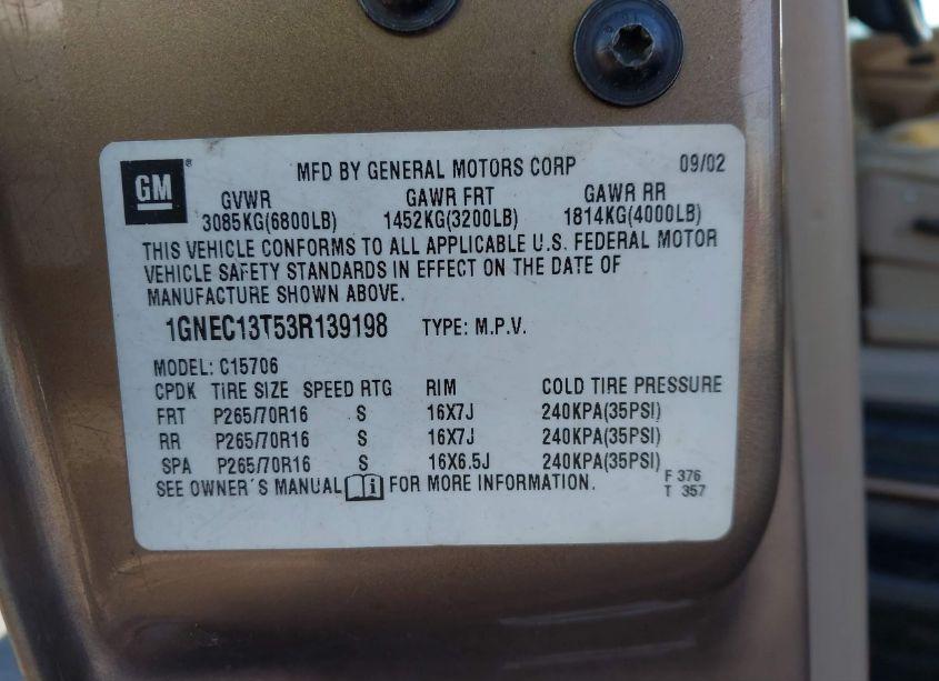 Photo 9 of 2003 Chevrolet Tahoe LT (VIN 1GNEC13T53R139198)