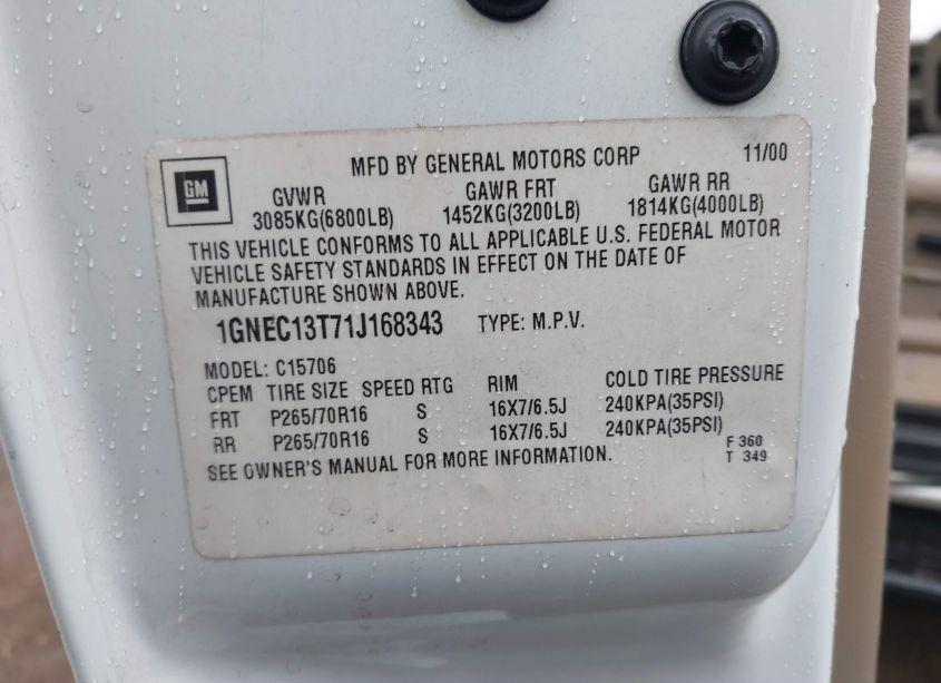 Photo 9 of 2001 Chevrolet Tahoe LT (VIN 1GNEC13T71J168343)