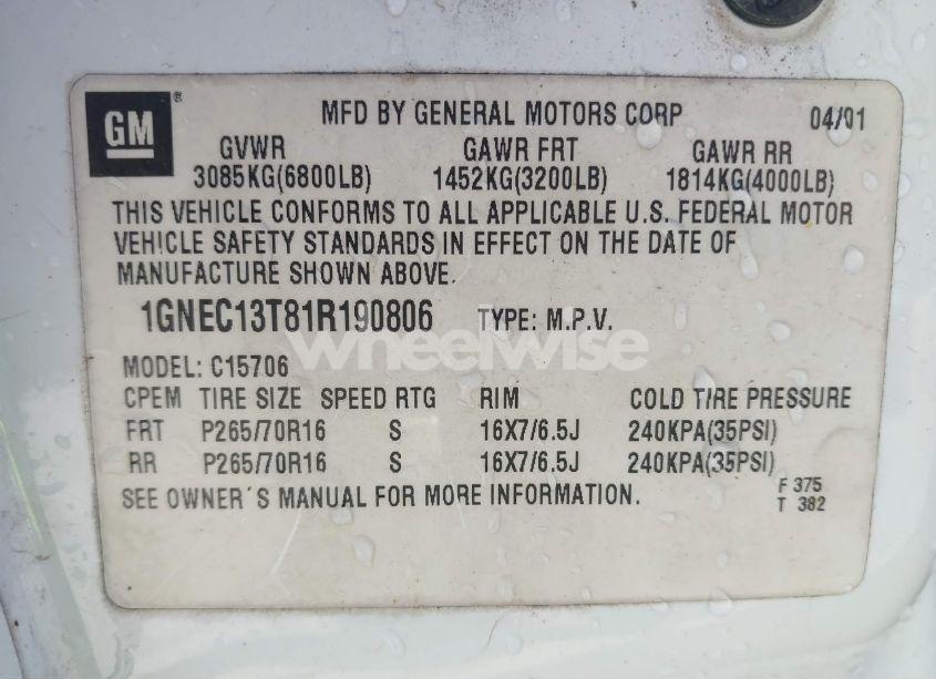 Photo 9 of 2001 Chevrolet Tahoe LT (VIN 1GNEC13T81R190806)