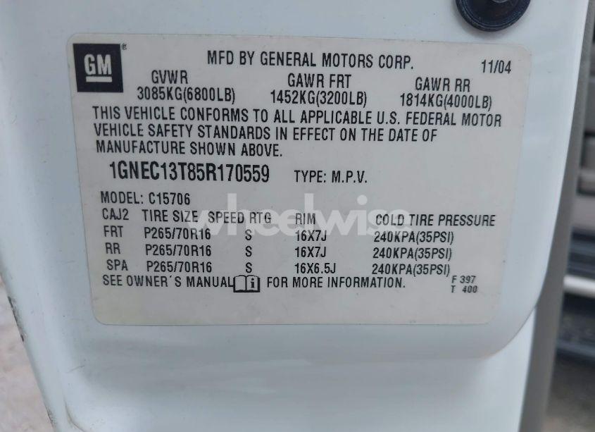 Photo 9 of 2005 Chevrolet Tahoe LS (VIN 1GNEC13T85R170559)