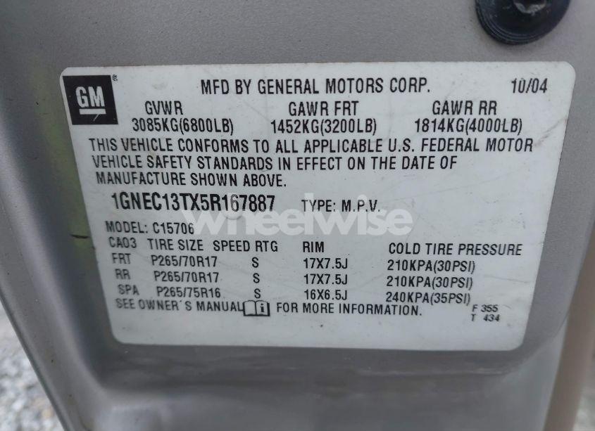 Photo 9 of 2005 Chevrolet Tahoe Z71 (VIN 1GNEC13TX5R167887)