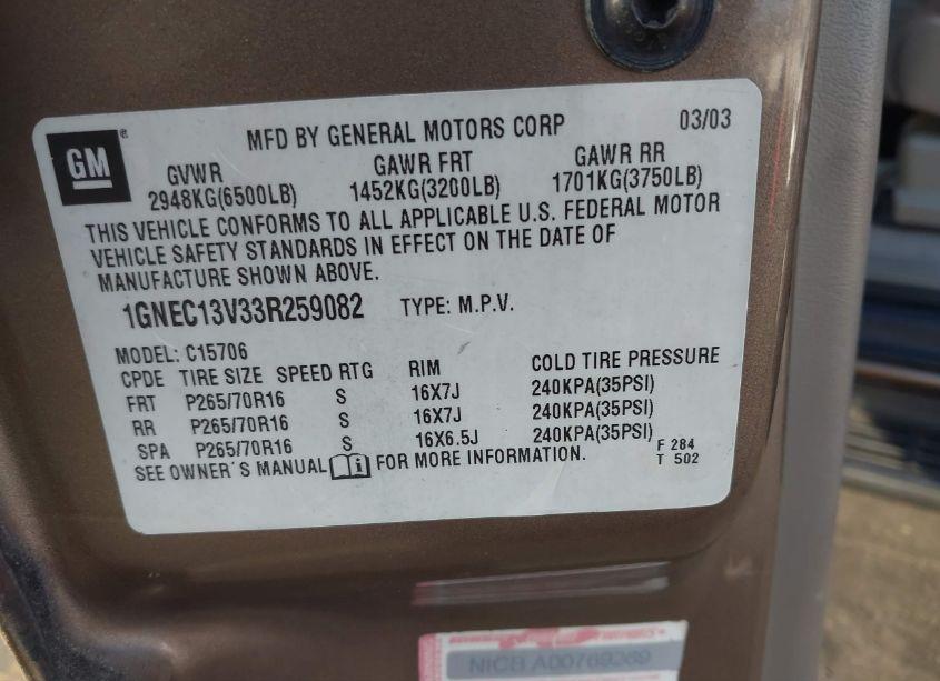 Photo 9 of 2003 Chevrolet Tahoe LS (VIN 1GNEC13V33R259082)