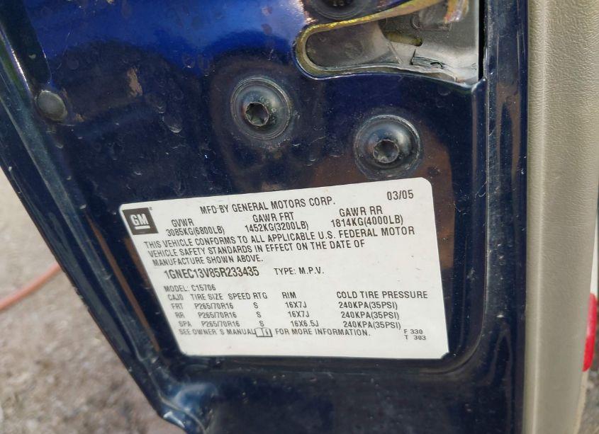 Photo 9 of 2005 Chevrolet Tahoe LS (VIN 1GNEC13V85R233435)