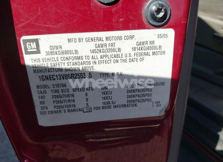 Photo 9 of 2005 Chevrolet Tahoe LS (VIN 1GNEC13V85R255385)