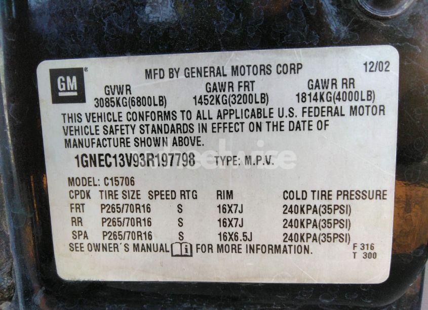 Photo 9 of 2003 Chevrolet Tahoe LS (VIN 1GNEC13V93R197798)