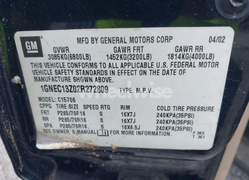 Photo 9 of 2002 Chevrolet Tahoe LT (VIN 1GNEC13Z02R272809)