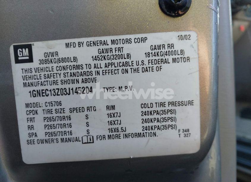 Photo 9 of 2003 Chevrolet Tahoe LT (VIN 1GNEC13Z03J145204)