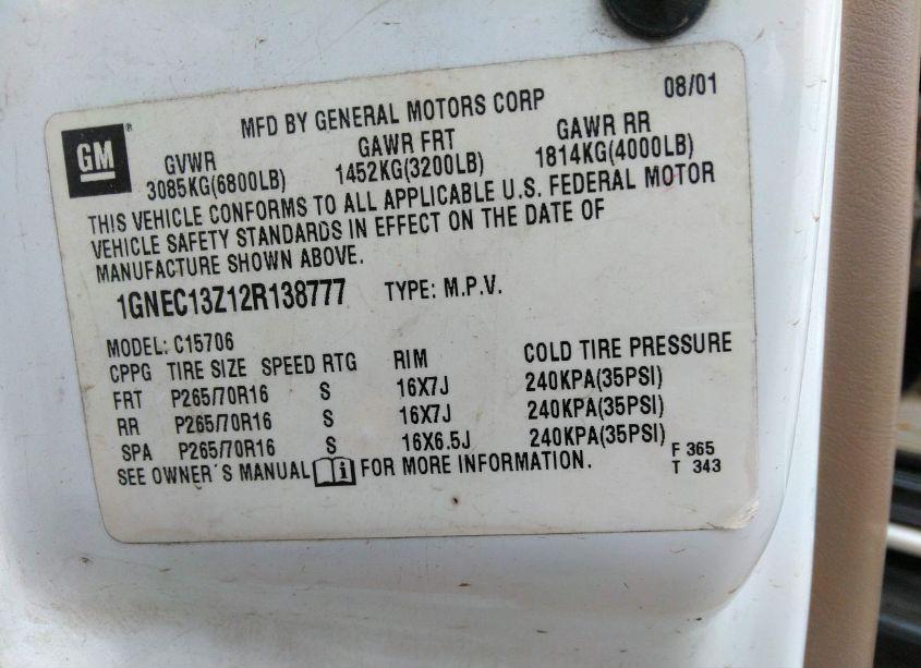 Photo 9 of 2002 Chevrolet Tahoe LT (VIN 1GNEC13Z12R138777)