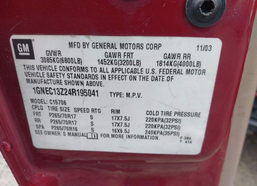 Photo 9 of 2004 Chevrolet Tahoe LS (VIN 1GNEC13Z24R195041)