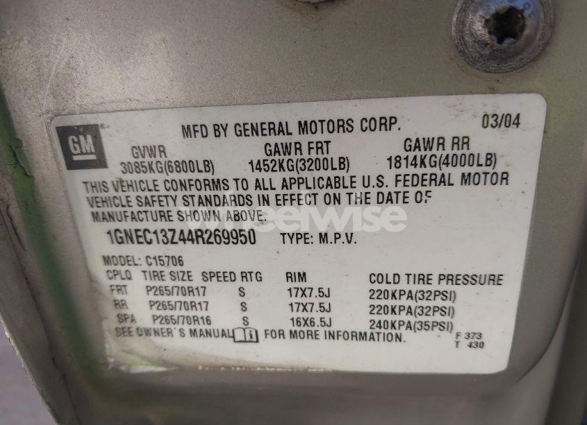 Photo 9 of 2004 Chevrolet Tahoe LS (VIN 1GNEC13Z44R269950)