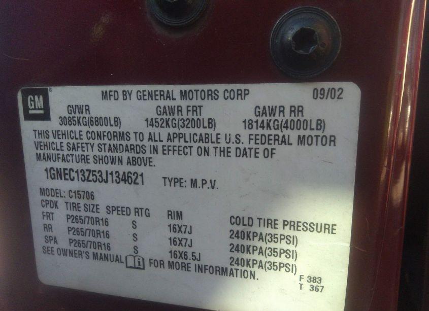 Photo 9 of 2003 Chevrolet Tahoe LT (VIN 1GNEC13Z53J134621)