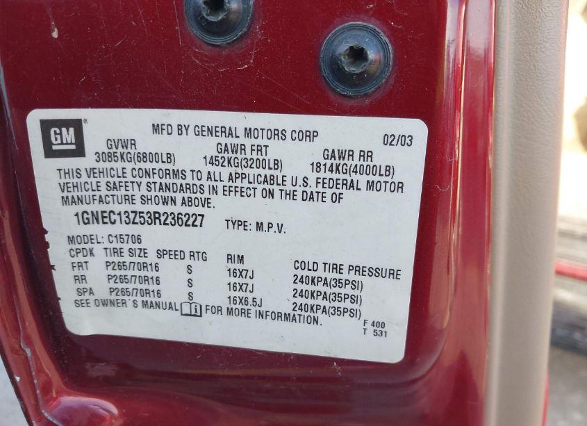 Photo 9 of 2003 Chevrolet Tahoe LT (VIN 1GNEC13Z53R236227)