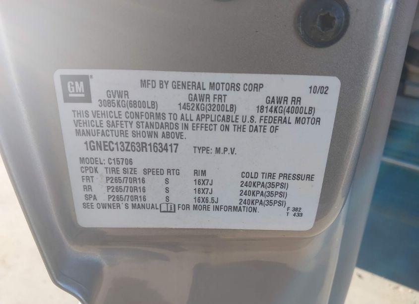 Photo 9 of 2003 Chevrolet Tahoe LS (VIN 1GNEC13Z63R163417)