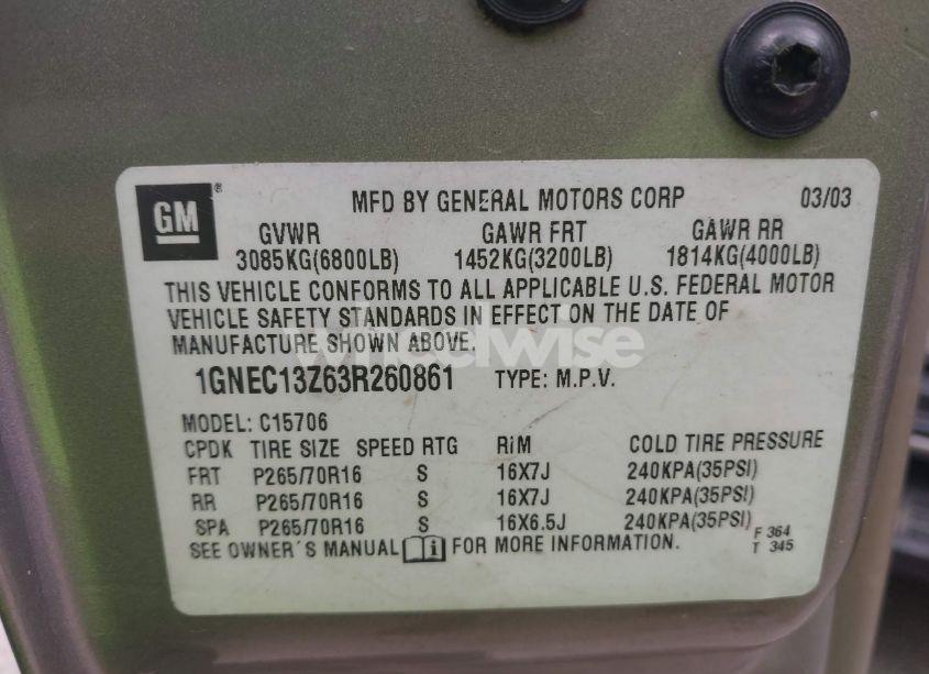 Photo 9 of 2003 Chevrolet Tahoe LT (VIN 1GNEC13Z63R260861)