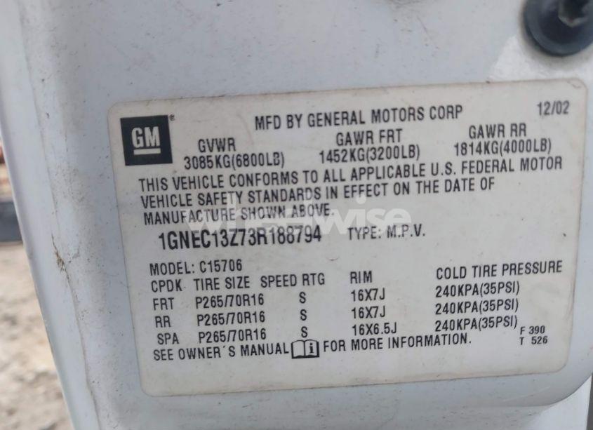 Photo 9 of 2003 Chevrolet Tahoe LT (VIN 1GNEC13Z73R188794)