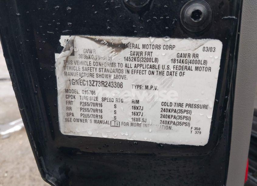 Photo 9 of 2003 Chevrolet Tahoe LT (VIN 1GNEC13Z73R243308)