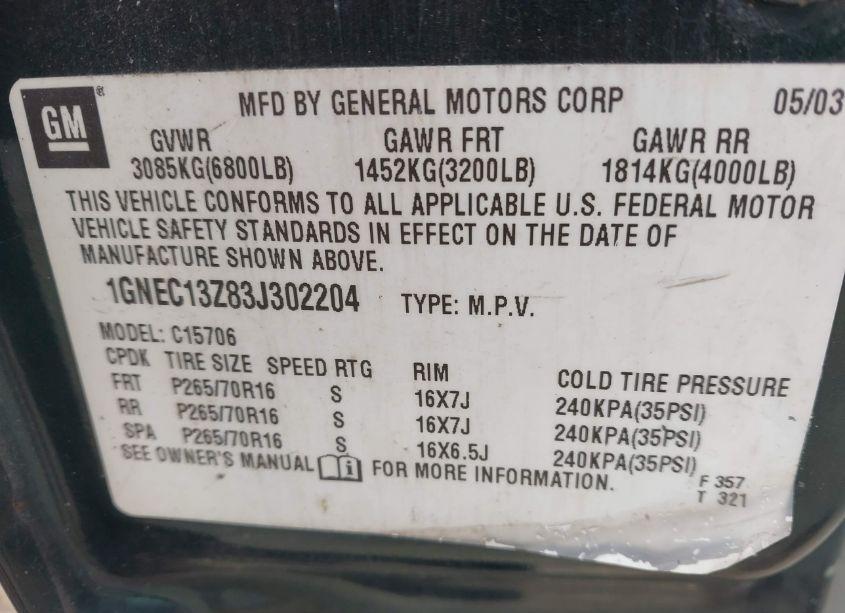 Photo 9 of 2003 Chevrolet Tahoe LT (VIN 1GNEC13Z83J302204)