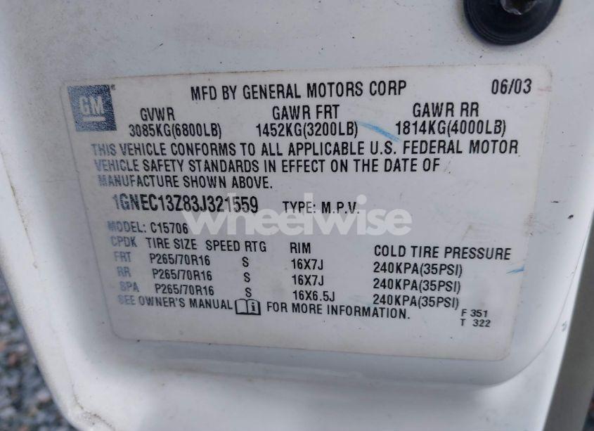 Photo 9 of 2003 Chevrolet Tahoe LT (VIN 1GNEC13Z83J321559)