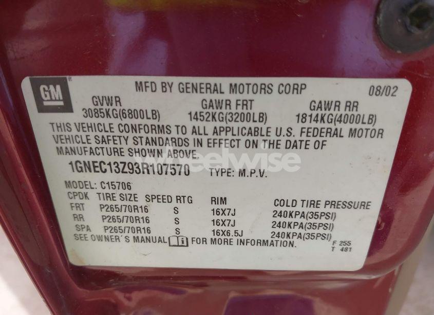 Photo 9 of 2003 Chevrolet Tahoe LT (VIN 1GNEC13Z93R107570)