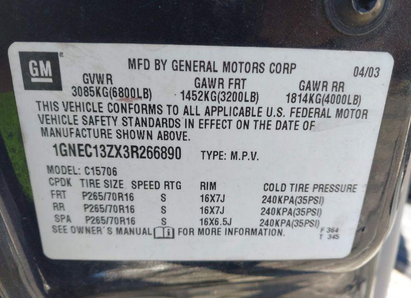 Photo 9 of 2003 Chevrolet Tahoe LT (VIN 1GNEC13ZX3R266890)