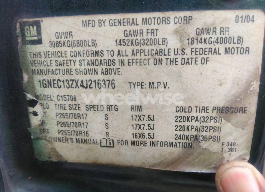 Photo 9 of 2004 Chevrolet Tahoe LS (VIN 1GNEC13ZX4J216376)