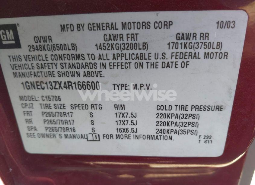 Photo 9 of 2004 Chevrolet Tahoe LS (VIN 1GNEC13ZX4R166600)