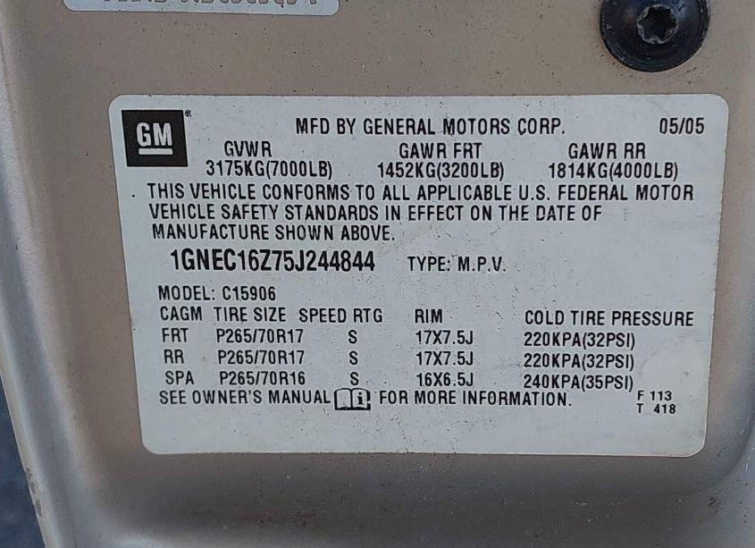 Photo 9 of 2005 Chevrolet Suburban 1500 LT (VIN 1GNEC16Z75J244844)