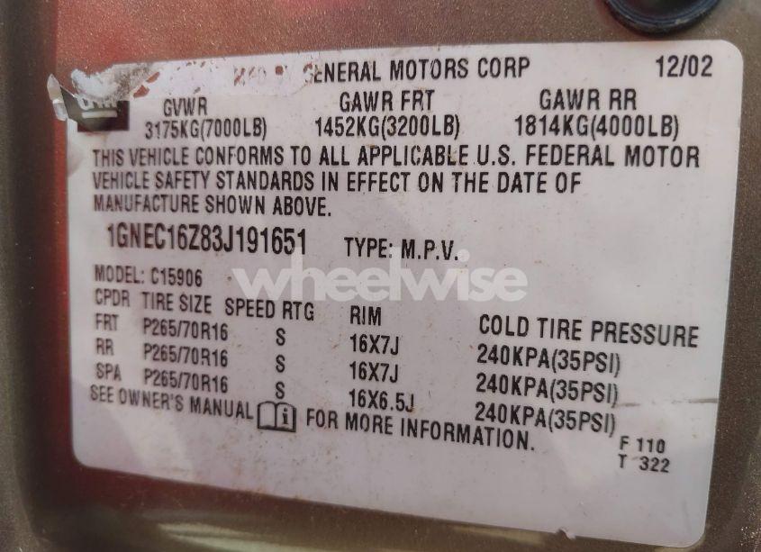 Photo 9 of 2003 Chevrolet Suburban 1500 LT (VIN 1GNEC16Z83J191651)