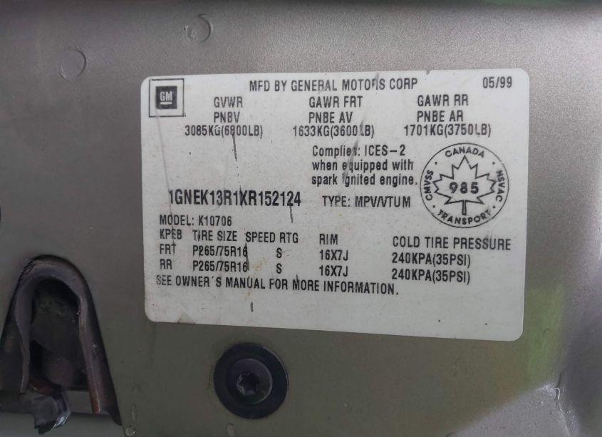 Photo 9 of 1999 Chevrolet Tahoe LS (VIN 1GNEK13R1XR152124)