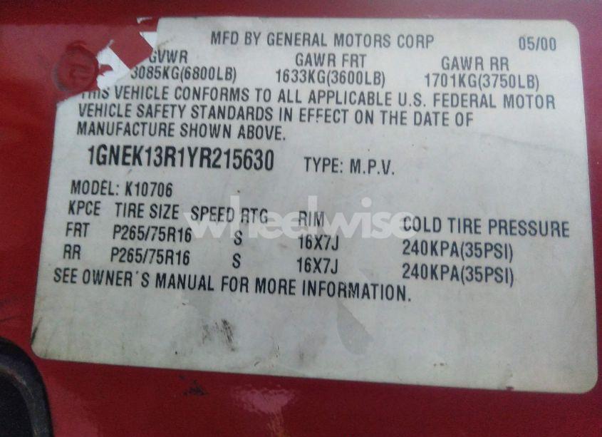 Photo 9 of 2000 Chevrolet Tahoe Z71 (VIN 1GNEK13R1YR215630)