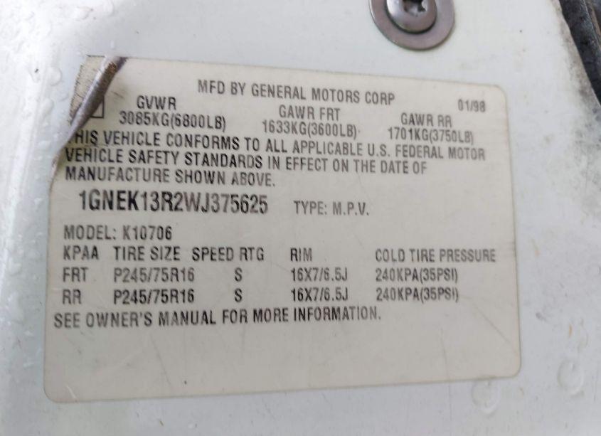 Photo 9 of 1998 Chevrolet Tahoe LS (VIN 1GNEK13R2WJ375625)