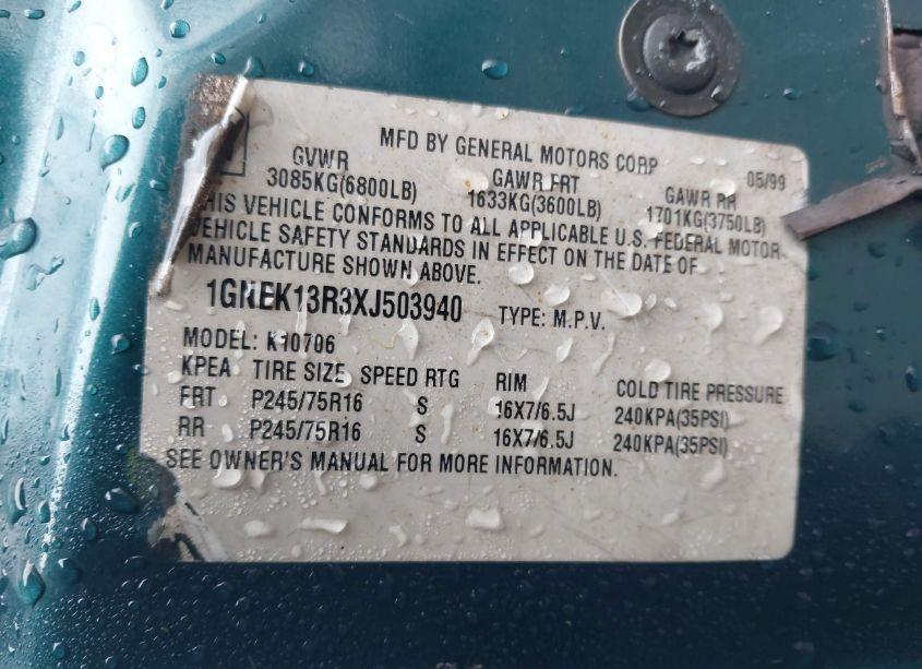 Photo 9 of 1999 Chevrolet Tahoe LS (VIN 1GNEK13R3XJ503940)