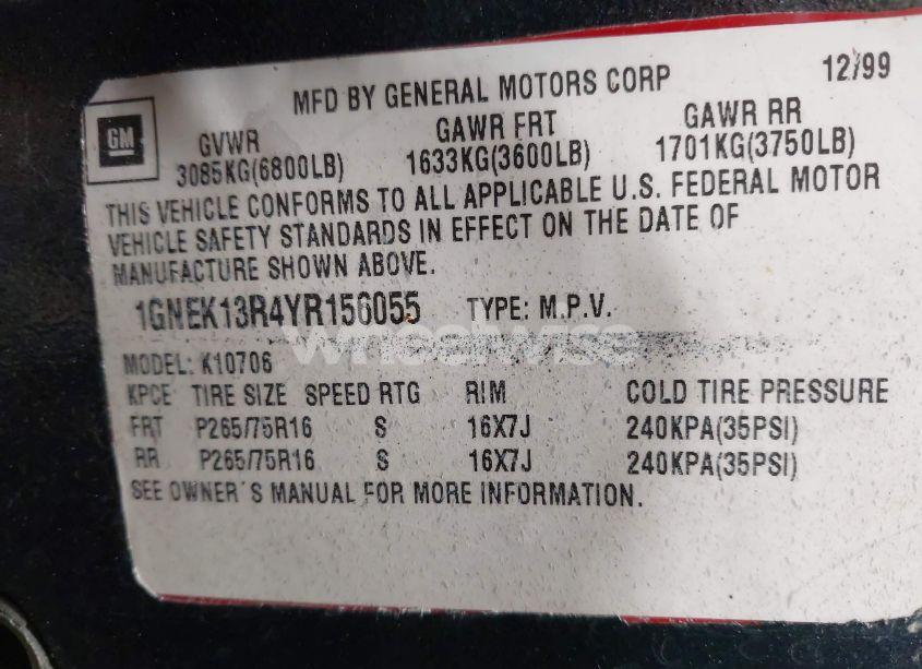 Photo 9 of 2000 Chevrolet Tahoe K1500 (VIN 1GNEK13R4YR156055)