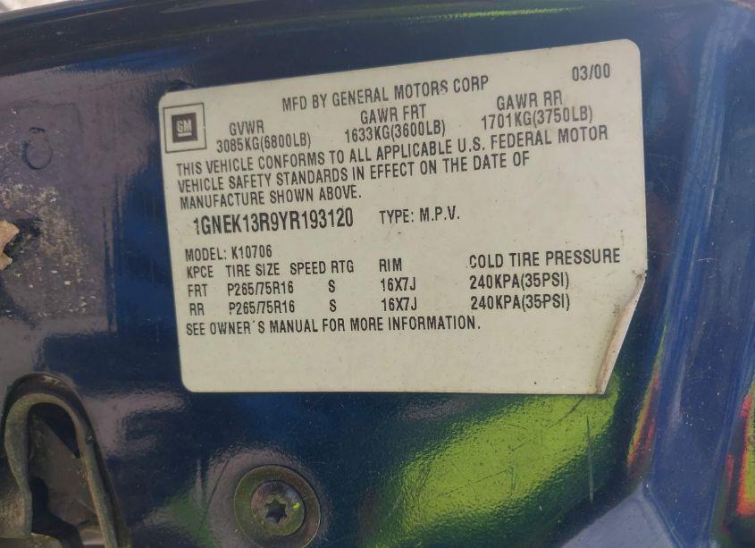 Photo 9 of 2000 Chevrolet Tahoe Z71 (VIN 1GNEK13R9YR193120)